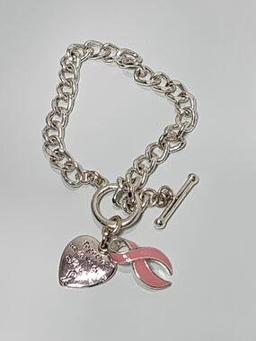 Silver-Tone Chain Bracelet with Pink Ribbon & Heart Charms Toggle Closure